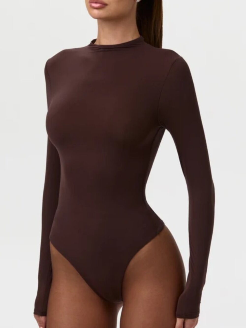 Naked Wardrobe Mock Neck Bodysuit Chocolate Bodycon Long Sleeve Size XS NWT
